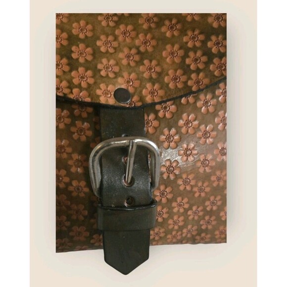 Leather Hand Tooled Mexican Crossbody Bag Floral Brown Green Cross Stich Tassel - Picture 2 of 11